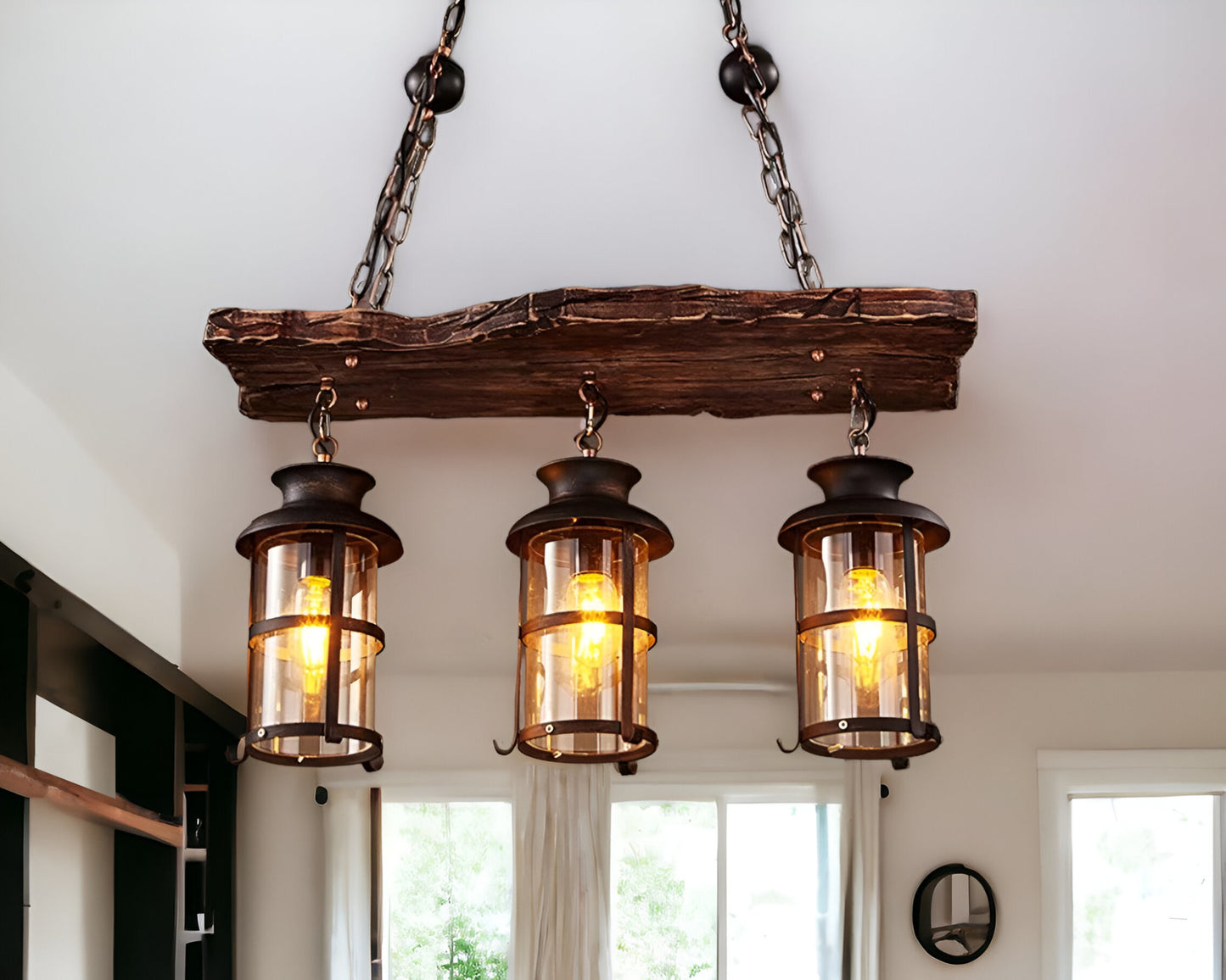 Rustic Wood & 3 Light Hanging Lantern Chandelier