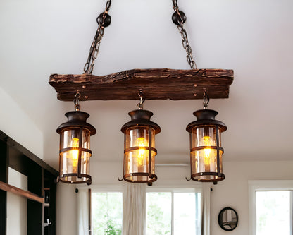 Rustic Wood & 3 Light Hanging Lantern Chandelier