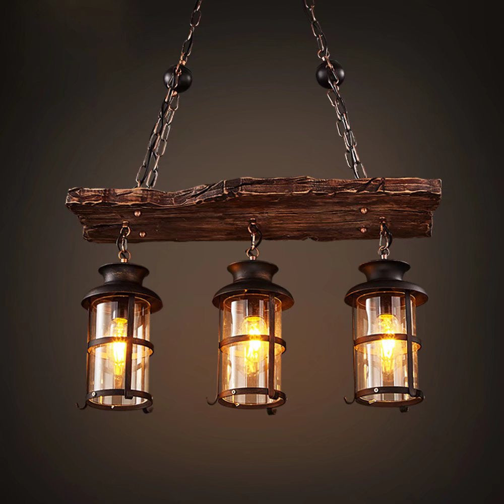Rustic Wood & 3 Light Hanging Lantern Chandelier