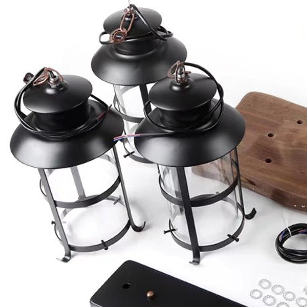 Rustic Wood & 3 Light Hanging Lantern Chandelier