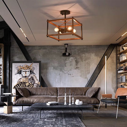 Industrial Wood Square 4 Light Ceiling Fixture