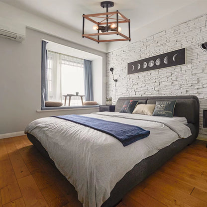 Industrial Wood Square 4 Light Ceiling Fixture