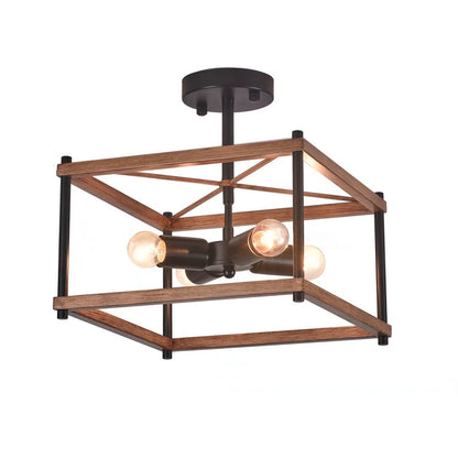 Industrial Wood Square 4 Light Ceiling Fixture