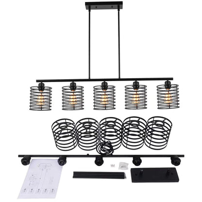 Industrial Black Cage Five Light Pendant Chandelier