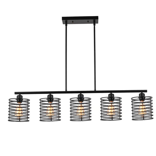 Industrial Black Cage Five Light Pendant Chandelier