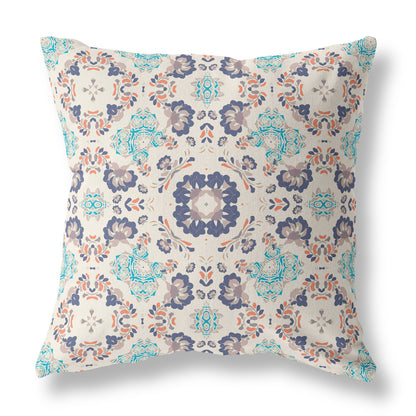 Off White & Blue Floral Suede Pillow