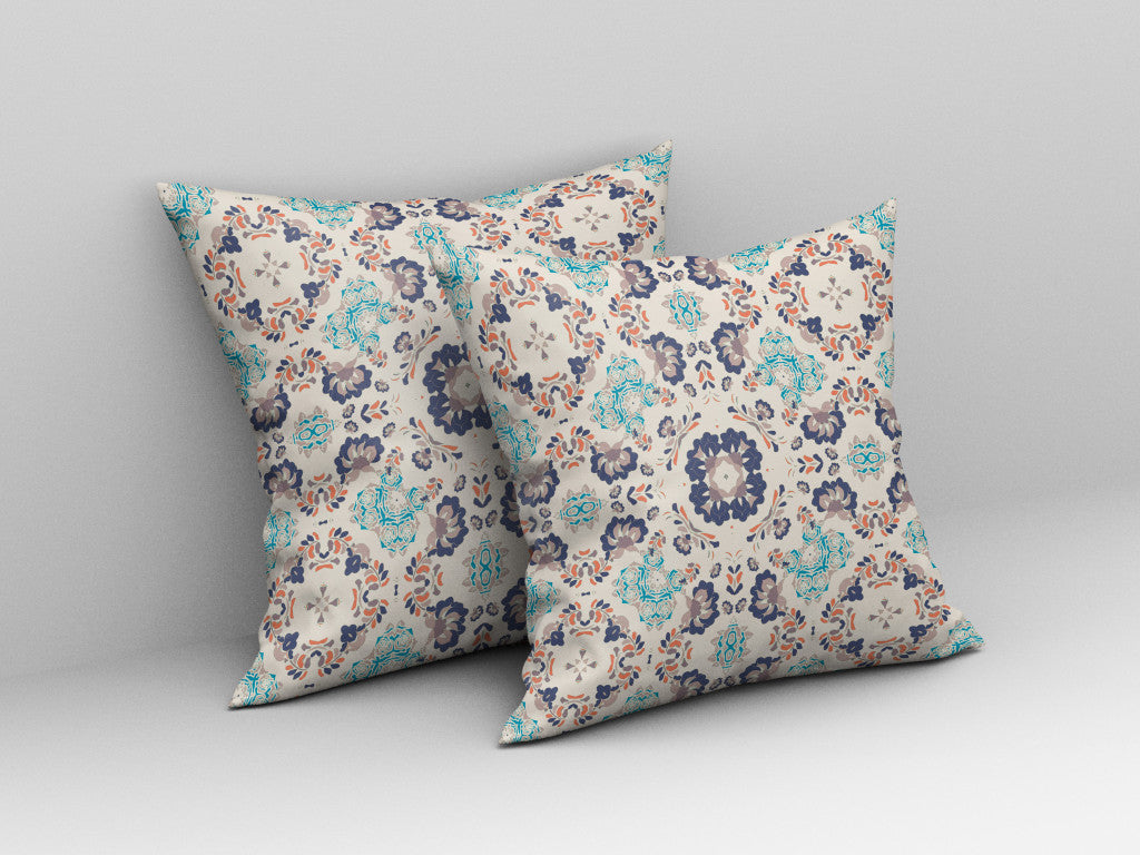 Off White & Blue Floral Suede Pillow