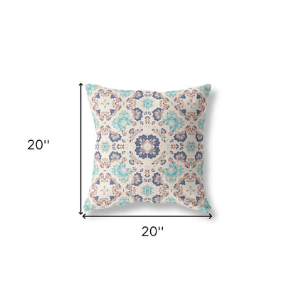 Off White & Blue Floral Suede Pillow