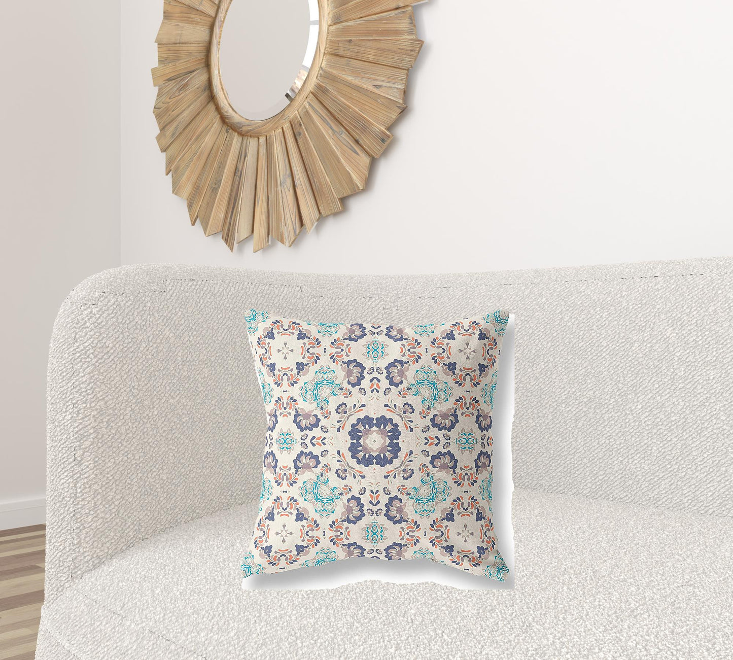Off White & Blue Floral Suede Pillow