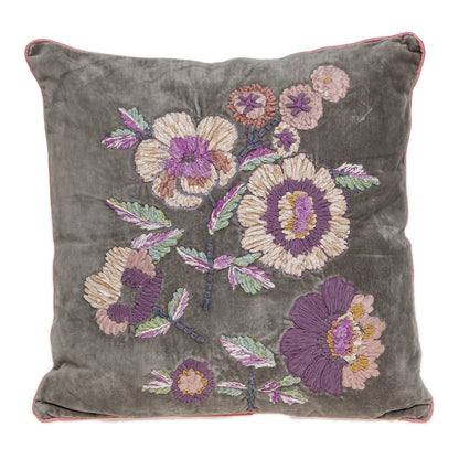 Taupe & Purple Cotton Pillow w/ Embroidery