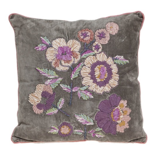 Taupe & Purple Cotton Pillow w/ Embroidery