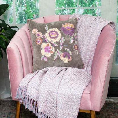 Taupe & Purple Cotton Pillow w/ Embroidery
