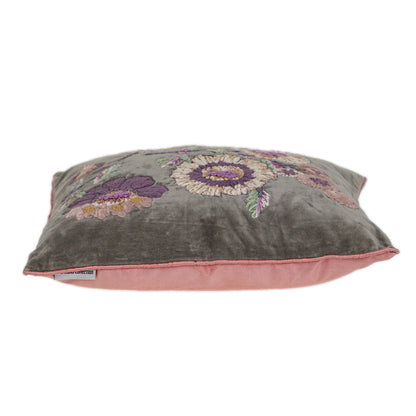 Taupe & Purple Cotton Pillow w/ Embroidery