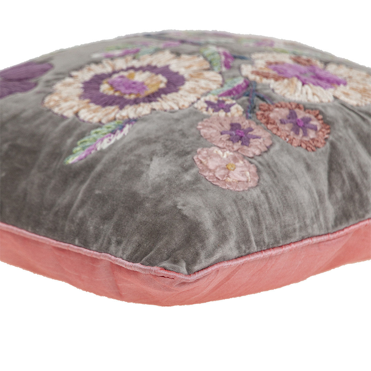 Taupe & Purple Cotton Pillow w/ Embroidery