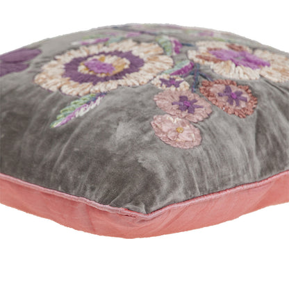 Taupe & Purple Cotton Pillow w/ Embroidery