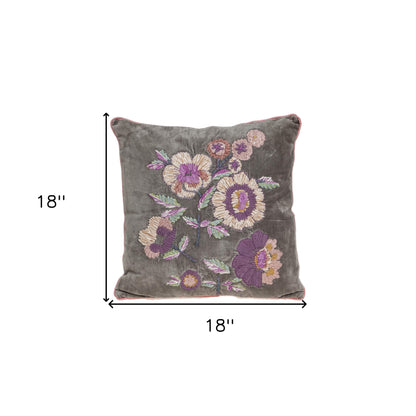 Taupe & Purple Cotton Pillow w/ Embroidery