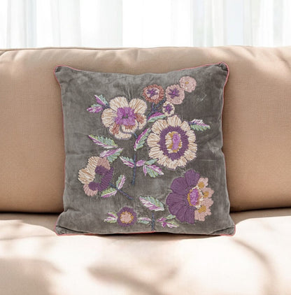 Taupe & Purple Cotton Pillow w/ Embroidery