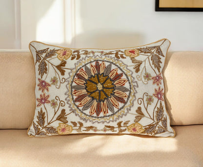 Beige Cotton Pillow w/ Embroidery