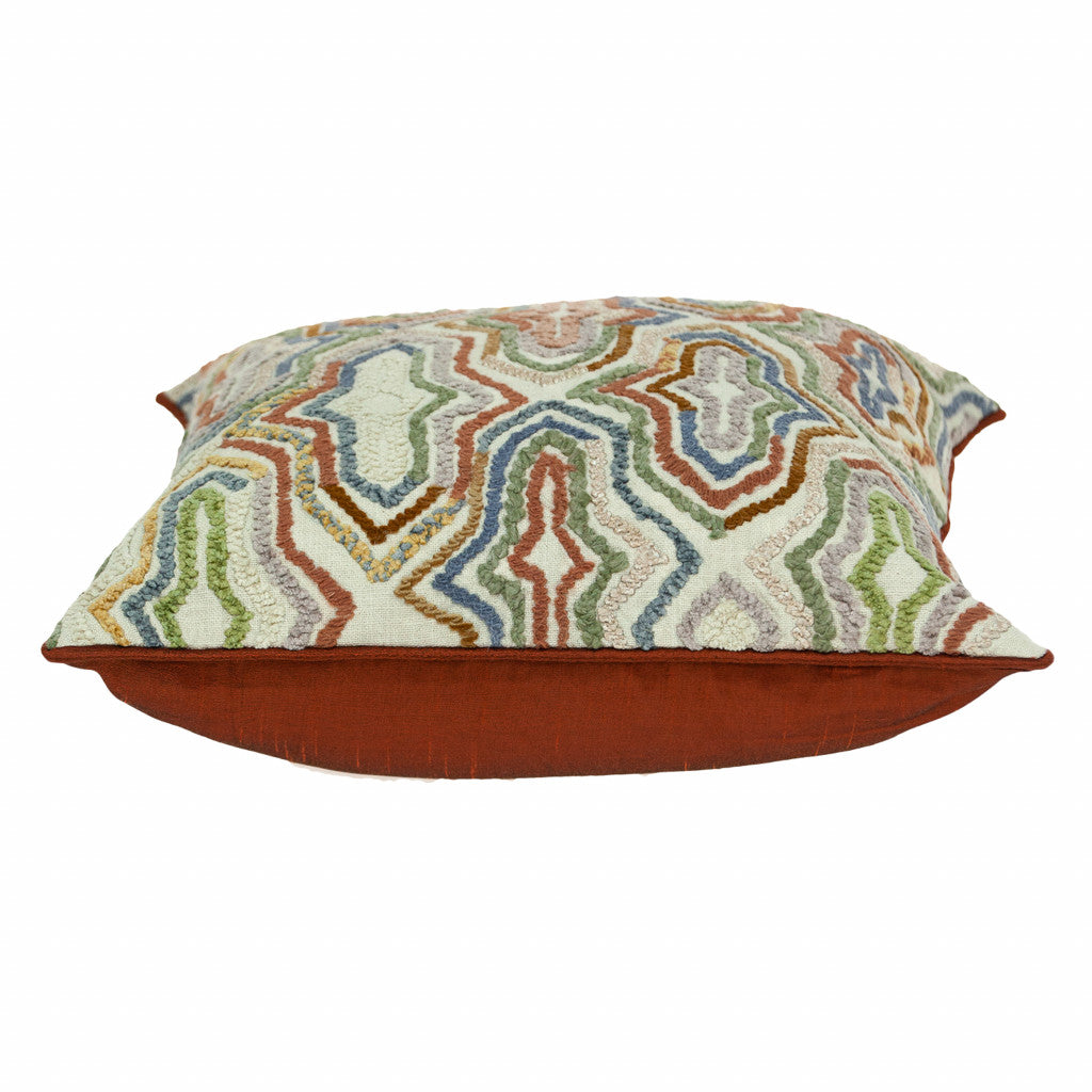 Beige & Brown Cotton Pillow w/ Embroidery