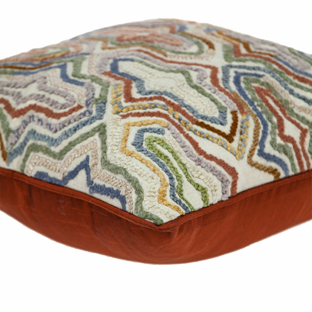 Beige & Brown Cotton Pillow w/ Embroidery