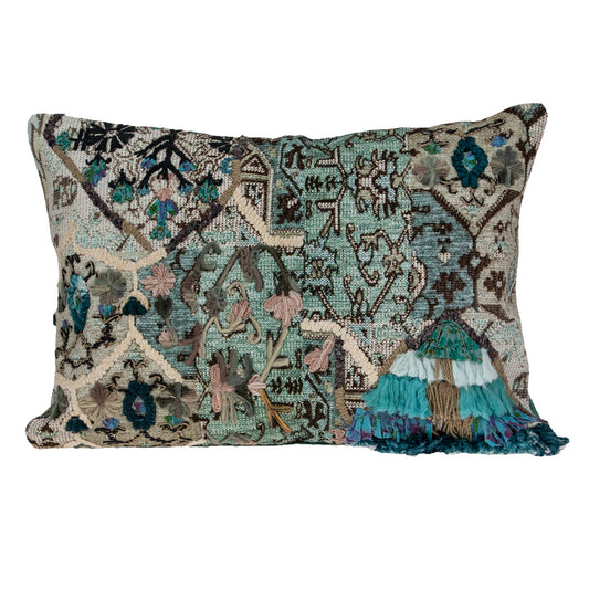 Beige & Green Cotton Pillow w/ Fringe