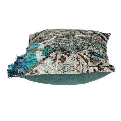 Beige & Green Cotton Pillow w/ Fringe