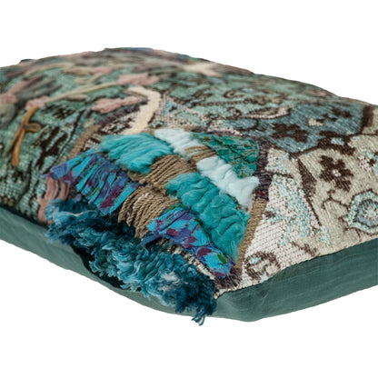 Beige & Green Cotton Pillow w/ Fringe