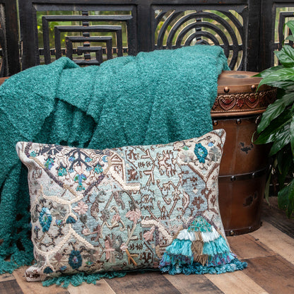 Beige & Green Cotton Pillow w/ Fringe
