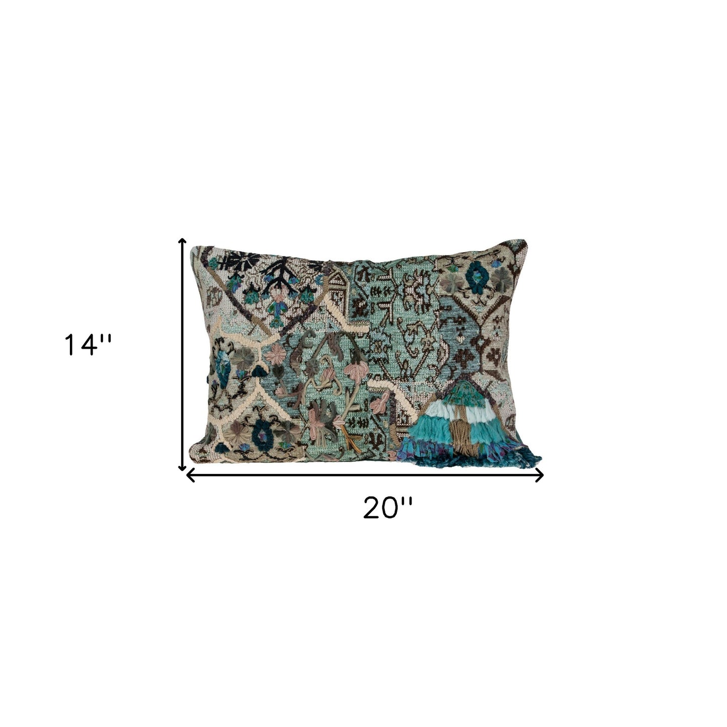 Beige & Green Cotton Pillow w/ Fringe