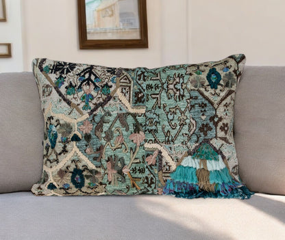 Beige & Green Cotton Pillow w/ Fringe