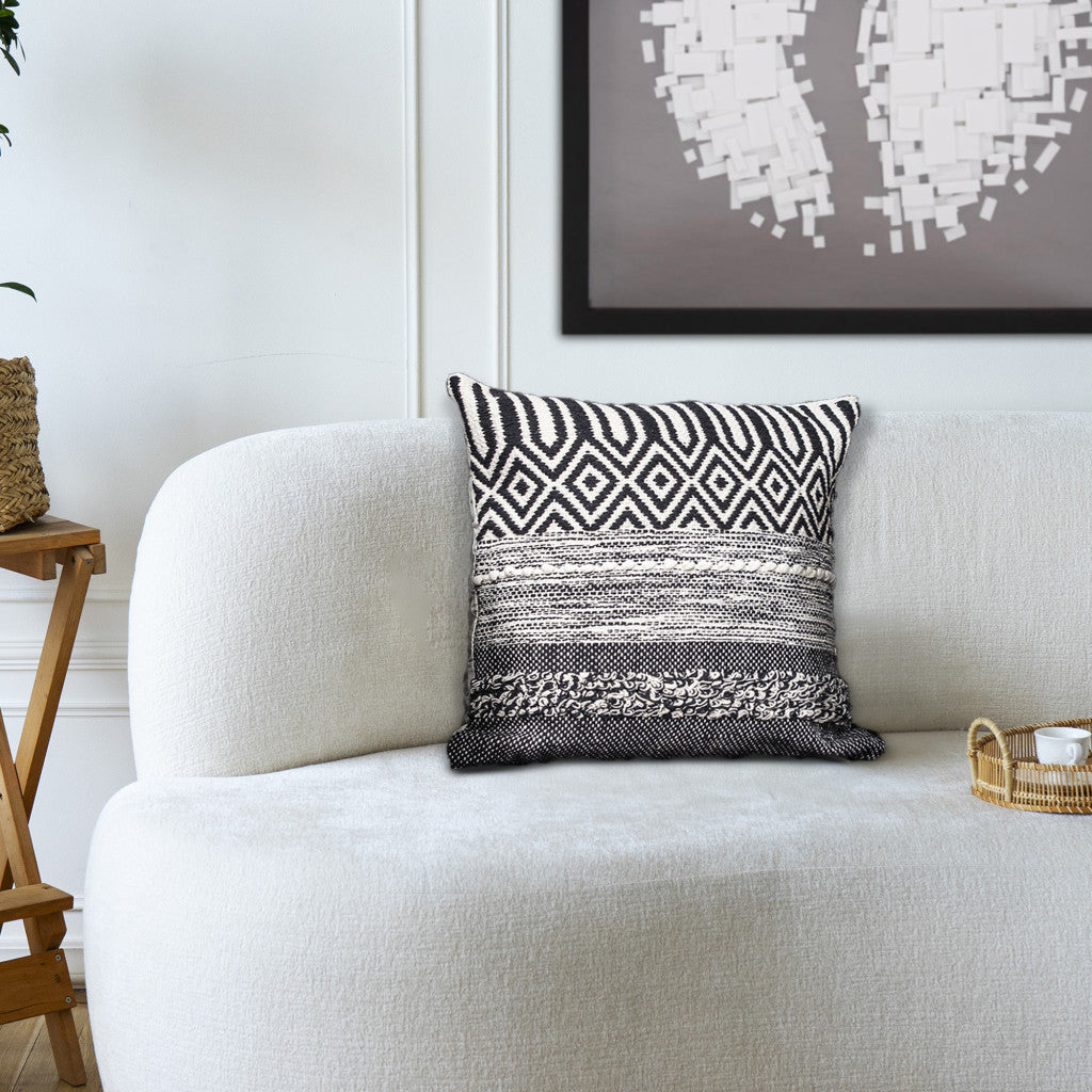 Beige & Black Cotton Pillow w/ Embroidery
