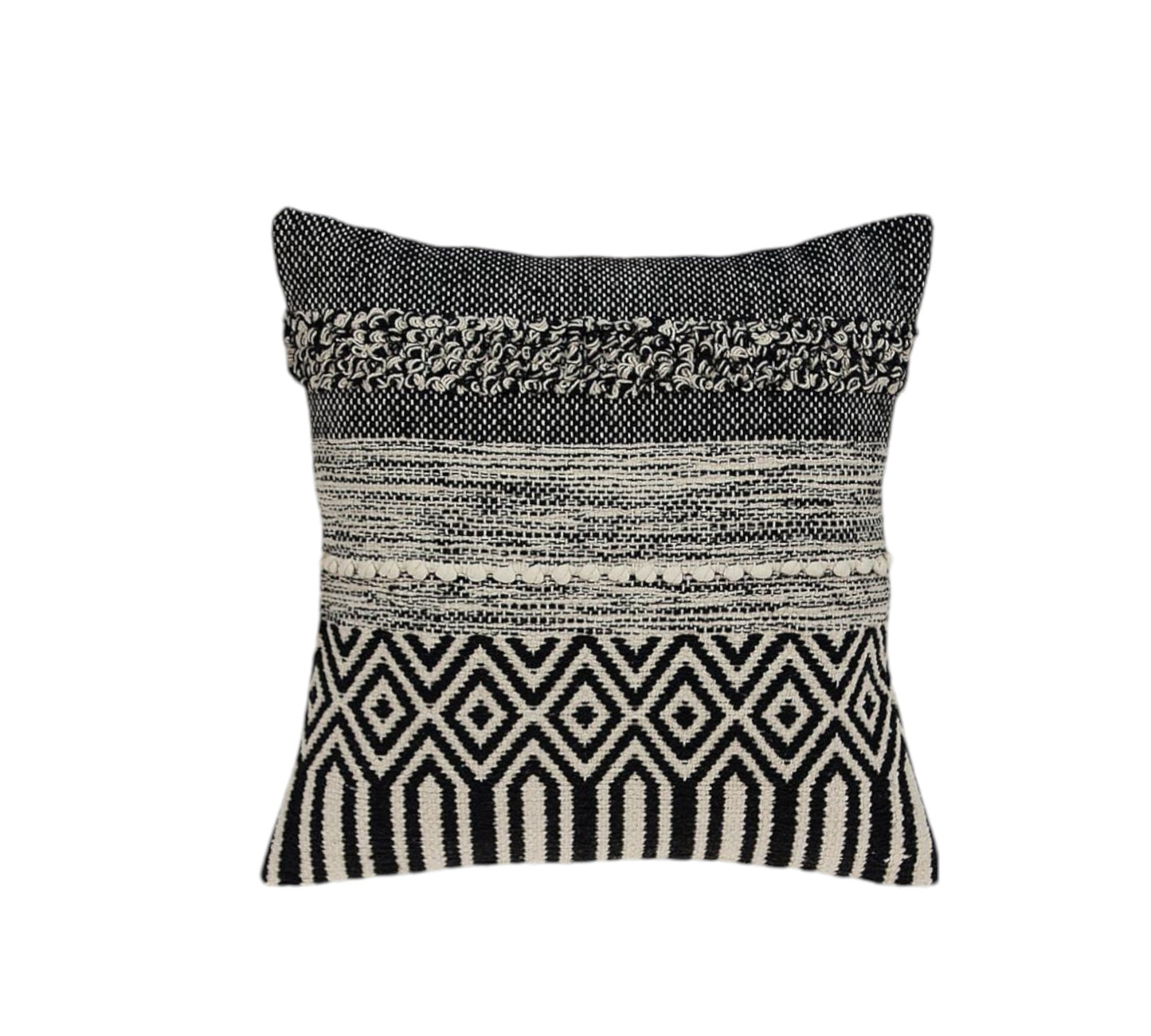 Beige & Black Cotton Pillow w/ Embroidery
