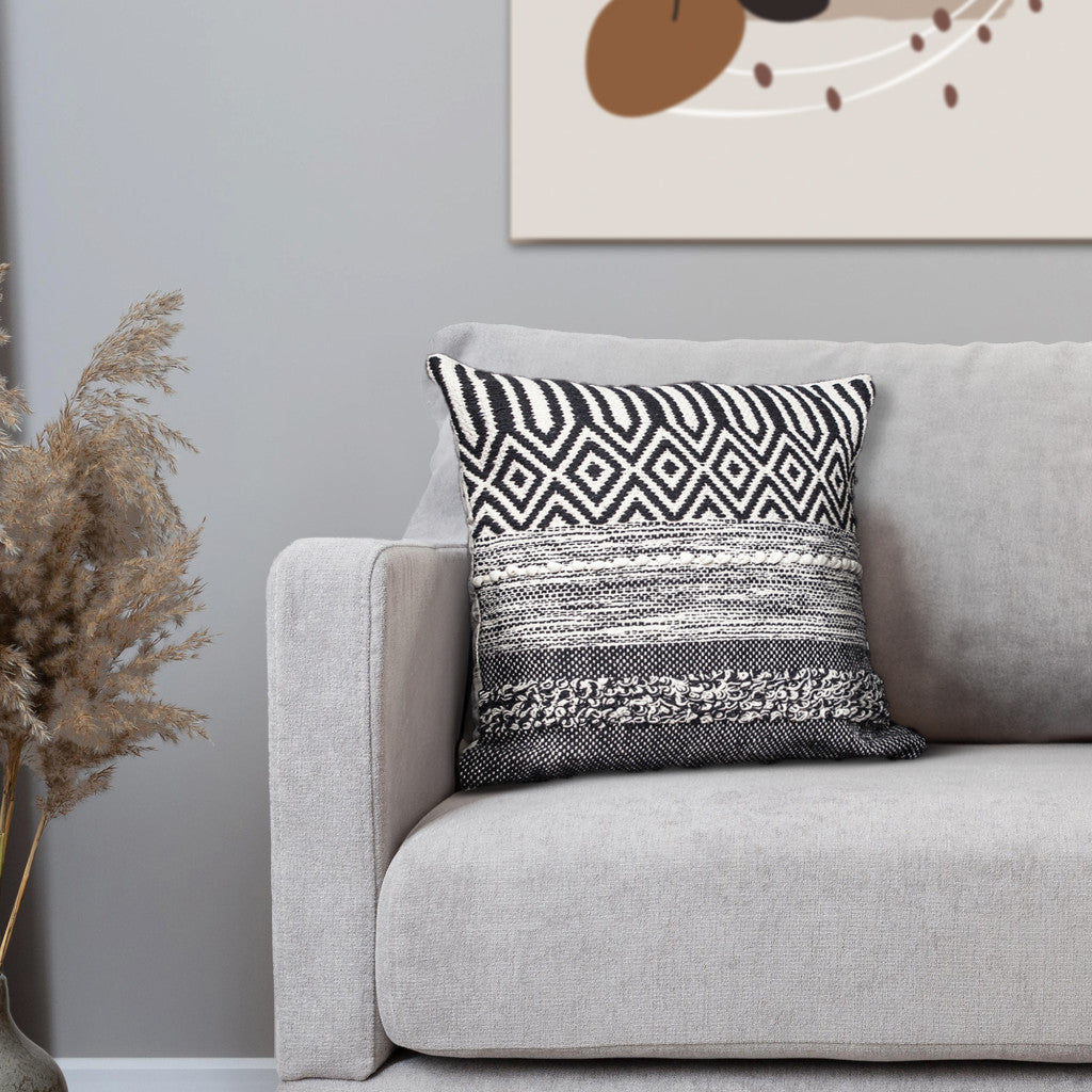Beige & Black Cotton Pillow w/ Embroidery