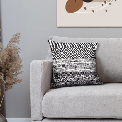 Beige & Black Cotton Pillow w/ Embroidery