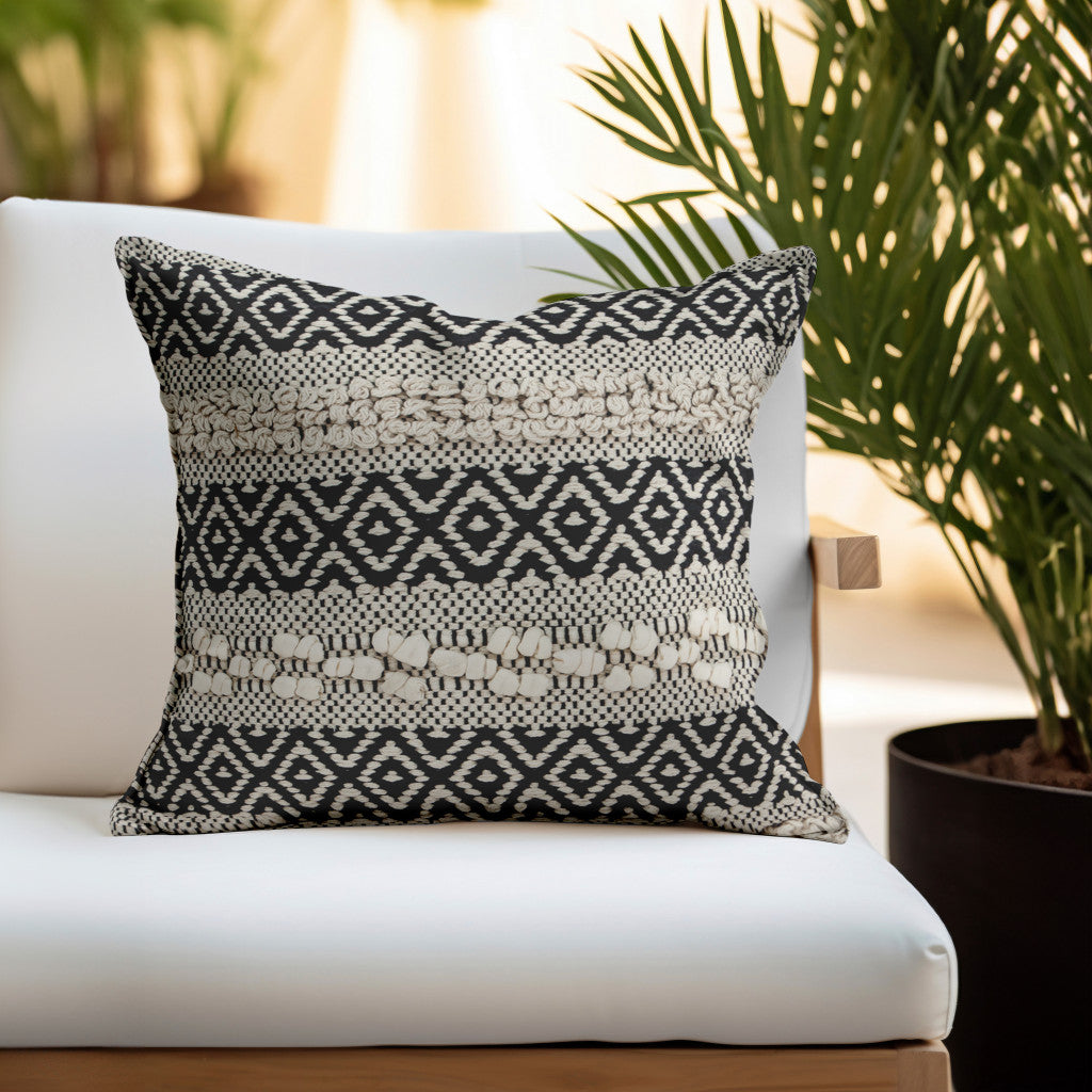 Beige & Black Cotton Pillow w/ Embroidery