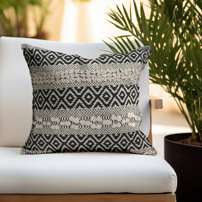 Beige & Black Cotton Pillow w/ Embroidery