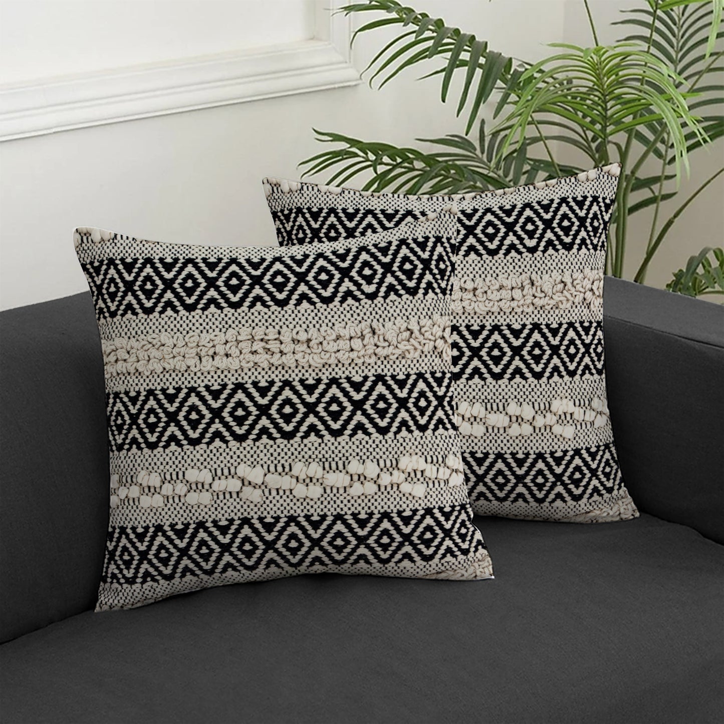 Beige & Black Cotton Pillow w/ Embroidery