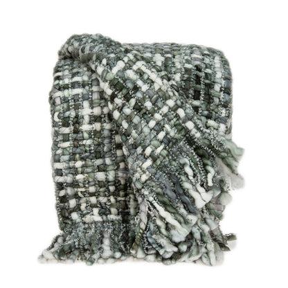 Green & White Knitted Throw w/ Fringe