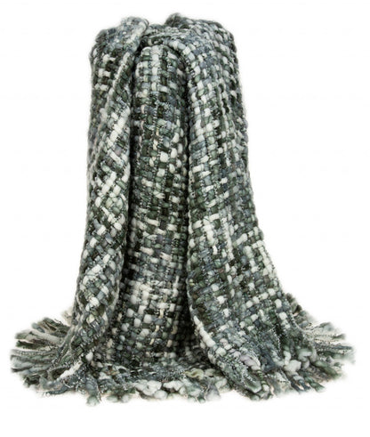 Green & White Knitted Throw w/ Fringe