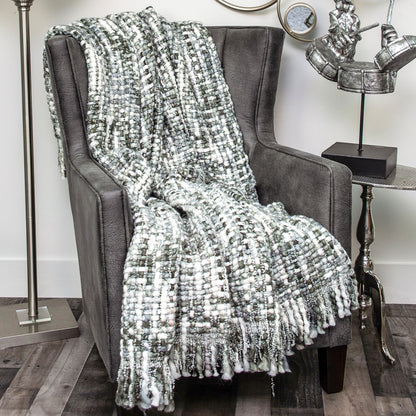 Green & White Knitted Throw w/ Fringe