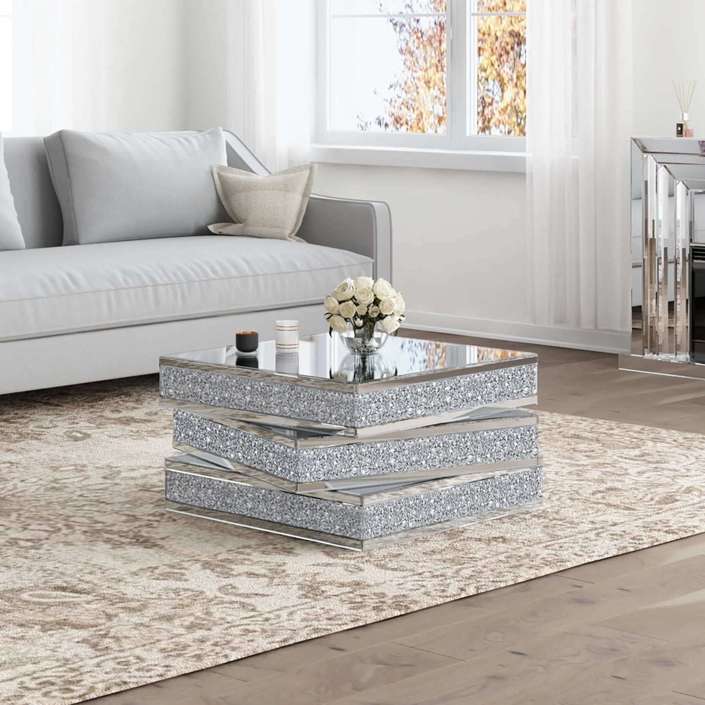 Rubik's Bling Silver Mirror & Faux Crystals Coffee Table
