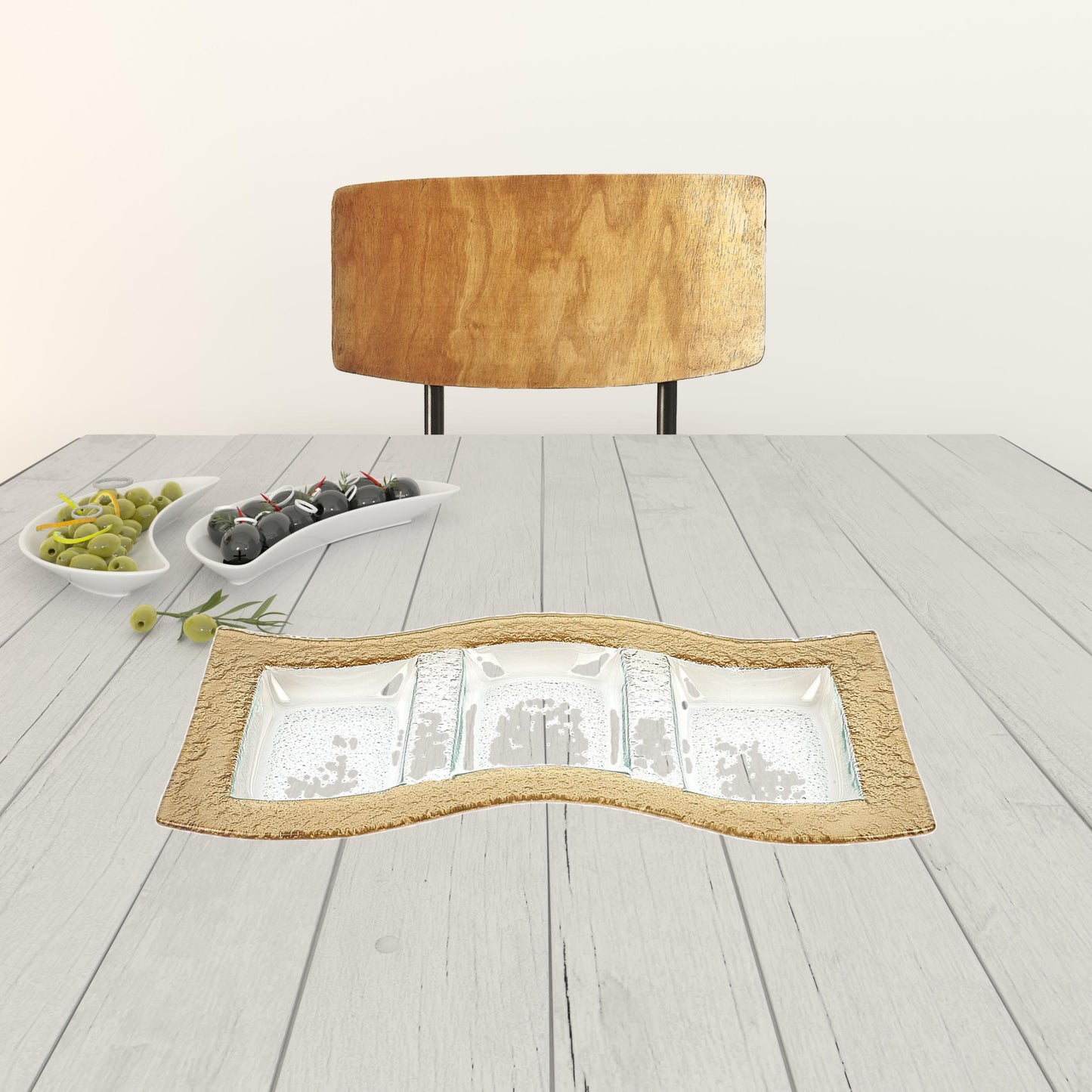 Clear And Gold Rectangular Handmade Divided Serving Dish