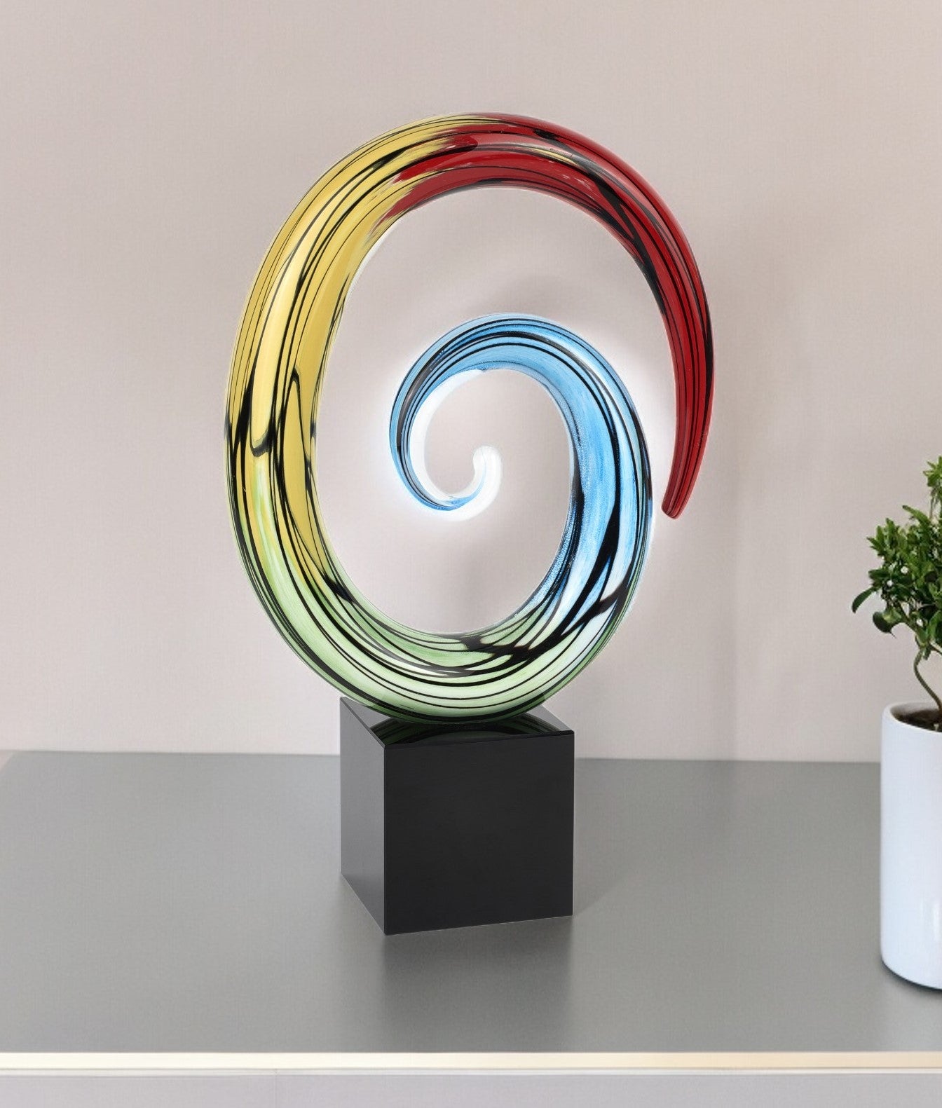 Blue & Red Murano Glass Hand Painted Modern Abstract Tabletop Sculpture