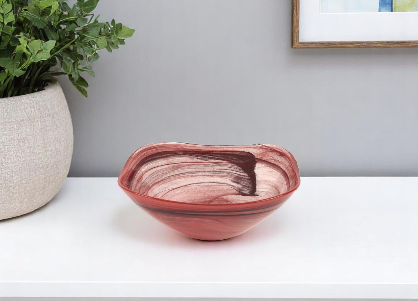 Red And White Glass Square Salad Bowl