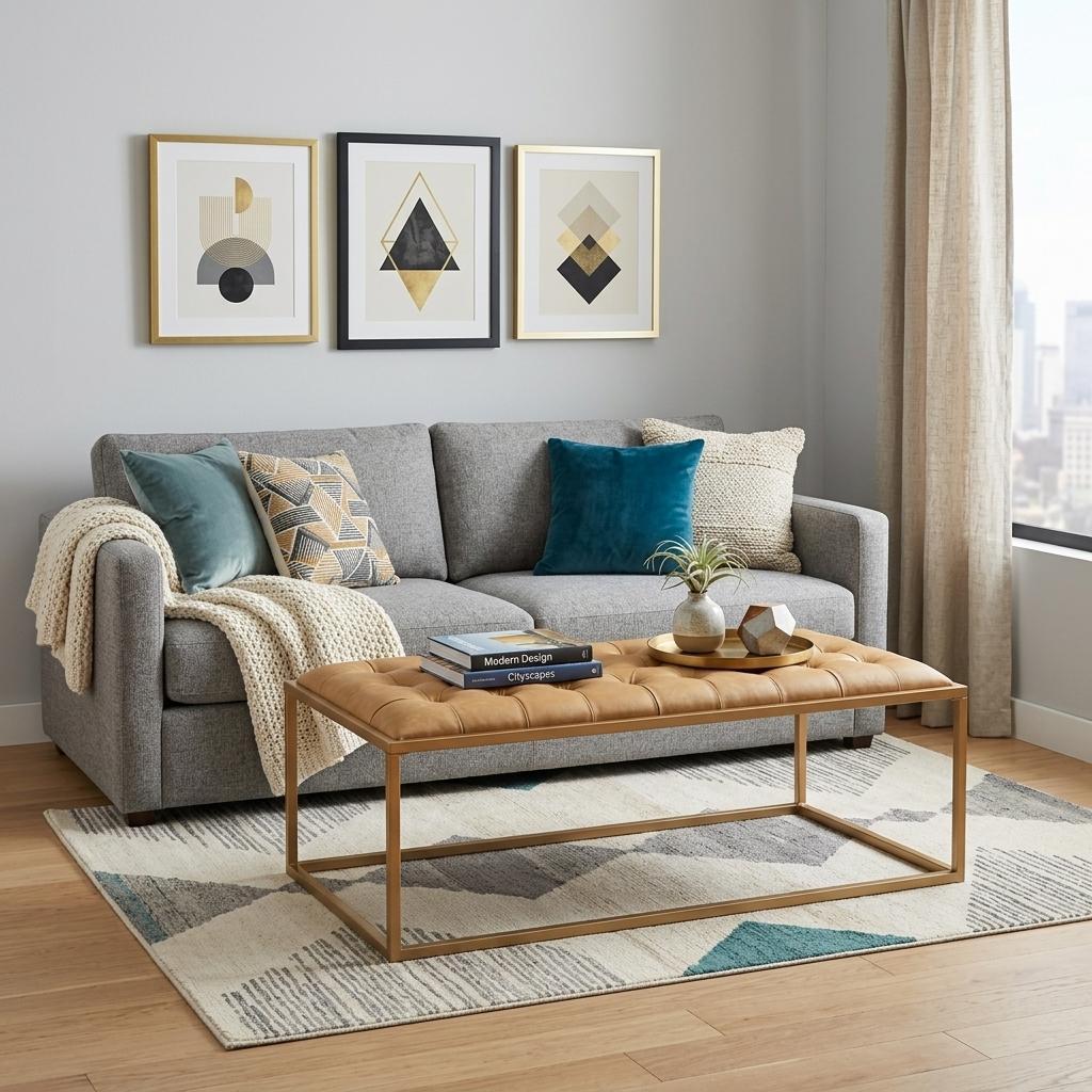 Gold & Brown Leather Rectangular Coffee Table image 1
