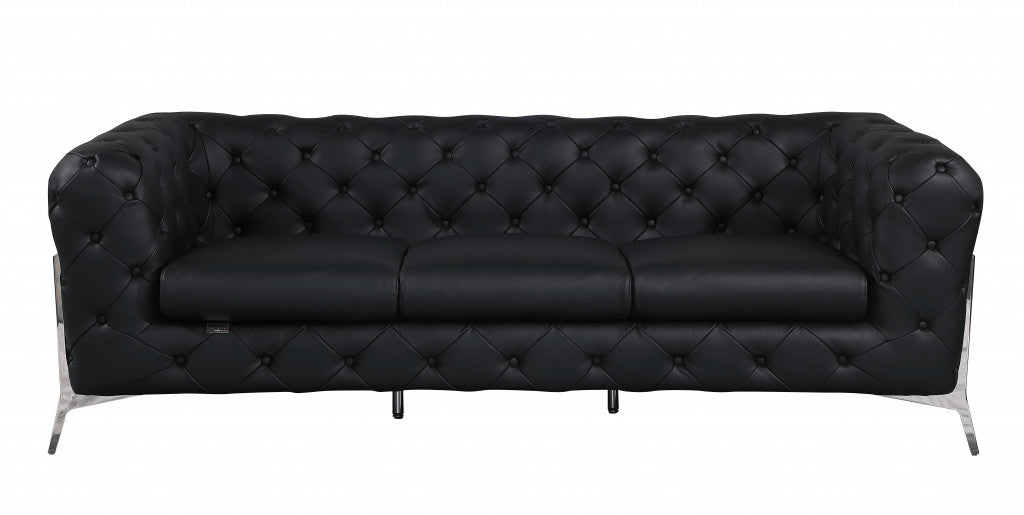 Black Italian Leather Chesterfield Sofa With Silver Legs