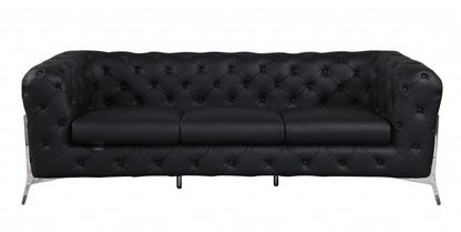 Black Italian Leather Chesterfield Sofa With Silver Legs