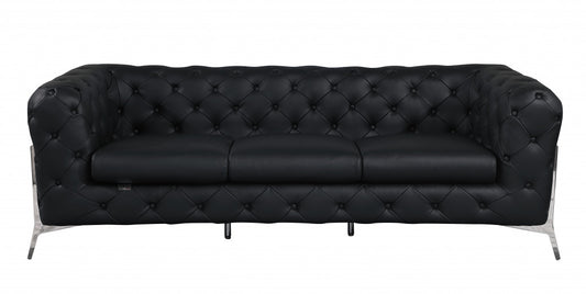 Black Italian Leather Chesterfield Sofa With Silver Legs