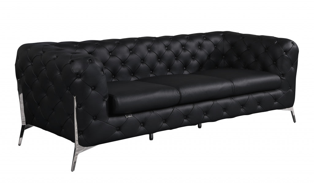 Black Italian Leather Chesterfield Sofa With Silver Legs