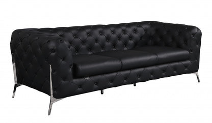 Black Italian Leather Chesterfield Sofa With Silver Legs